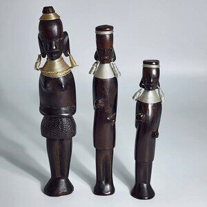 Vintage Kenyan African Wood Metal Figures Hand Carved Tribal Art Set Of 3